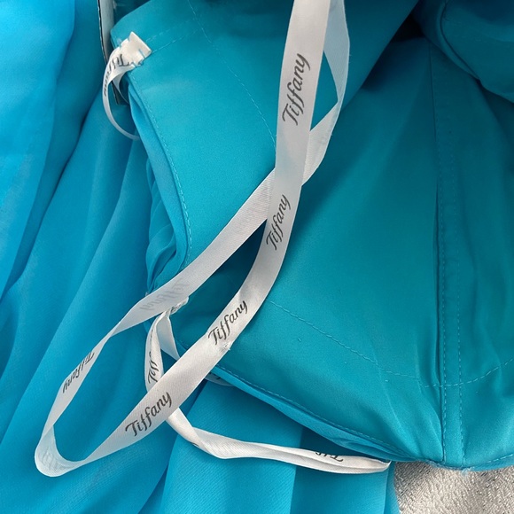 Tiffany Designs Bright Light Blue & Gold One Shoulder Maxi Formal Prom Dress - Picture 8 of 12